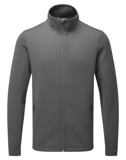 A grey men's sustainable zip sweatshirt with a high collar and side pockets, featuring a branding logo.