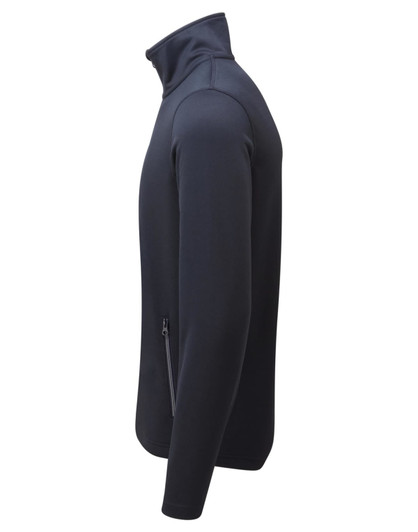 A men's sustainable zip sweatshirt in navy, featuring a high collar and a side zip pocket.