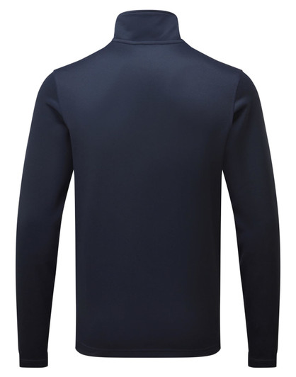 A navy zip sweatshirt with a high collar and long sleeves, featuring a logo on the back.