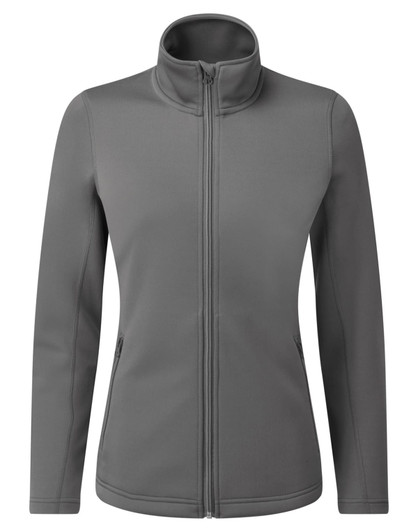 A women's sustainable zip sweatshirt in grey, featuring a high collar and zip closure, with side pockets and a logo.