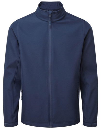 A navy softshell jacket with a high collar and full-length zip, featuring side pockets and a logo.