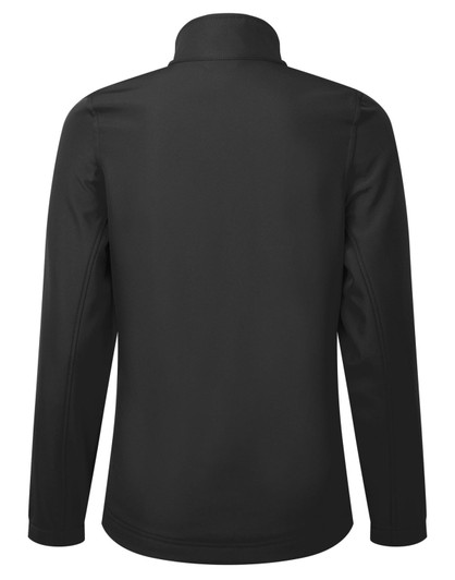 A black women's windchecker softshell jacket featuring a high collar and a sleek design, with a logo on the back.