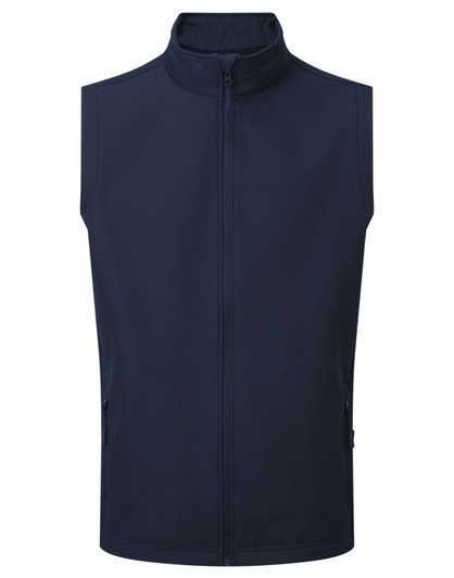 A navy Windchecker Vest with a high collar and zip closure, featuring side pockets and a branded logo.