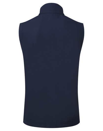 A navy soft shell vest with a high collar, featuring a smooth, sleek design and a logo at the back.