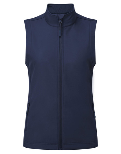 A navy windchecker vest with a high collar and front zipper, featuring side pockets and a logo.