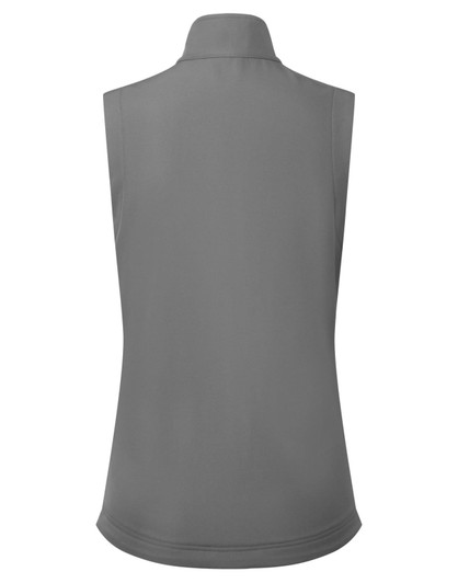 A women's sleeveless windchecker vest in grey featuring a high collar and a logo on the back.