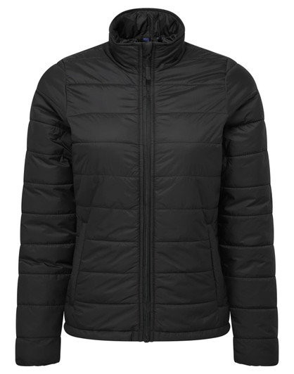 A black women's puffer jacket featuring a zip front and padded design, with a collar and no visible logos.