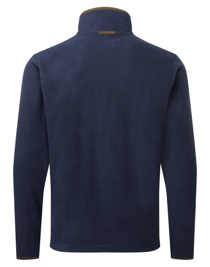 A navy blue polar fleece jacket with a collar and long sleeves, featuring a logo on the back.