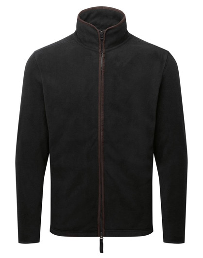 A black polar fleece jacket with a high collar and a front zip, featuring a contrasting zip detail.