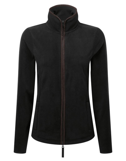 A women's polar fleece jacket in black with a zippered front and high collar, featuring side pockets.