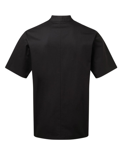 A black short-sleeved chef's jacket with a high collar and a plain back, featuring a logo.