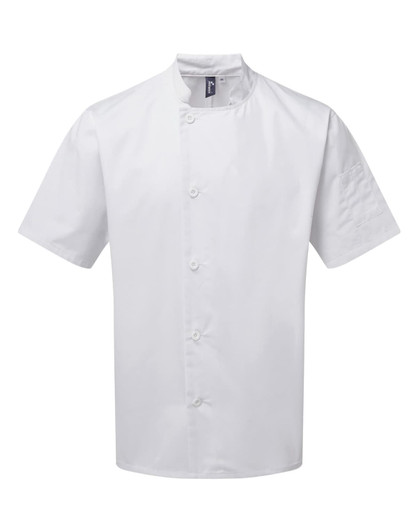 A white chef's jacket with short sleeves and a stand-up collar, featuring a logo on the chest.