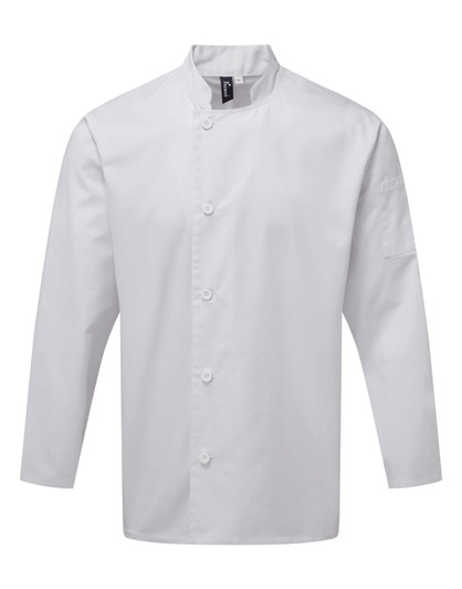 A white chef's jacket with long sleeves and a mandarin collar, featuring a logo on the left side.