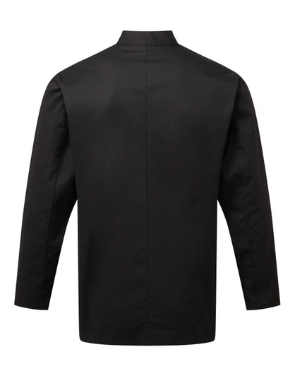 A back view of a black Chef's Essential L-S Jacket, featuring long sleeves and a simple design.