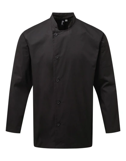 A black chef's jacket with long sleeves and a mandarin collar, featuring a logo on one sleeve.