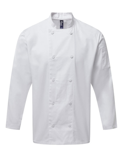 A white chef's jacket with long sleeves, featuring double-breasted buttons and a pocket. Includes a logo detail.