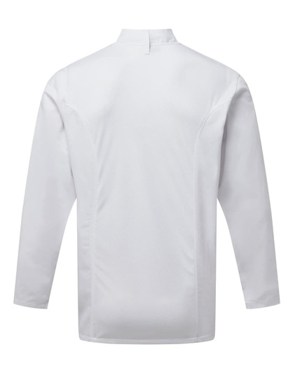 A white chef's jacket featuring a high collar and long sleeves, with a simple design and no visible logos.