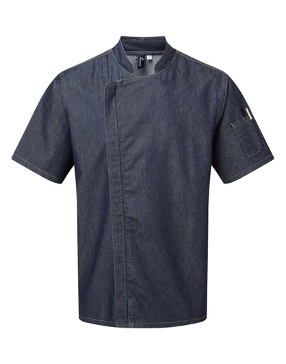 A dark blue short-sleeve chef's jacket with a pocket and a logo on the sleeve.
