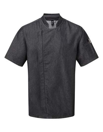 A short-sleeved chef's jacket in dark grey, featuring a side pocket and a logo on the sleeve.