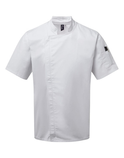 A white short-sleeve chef's jacket with a fold-over collar and a logo on the sleeve.