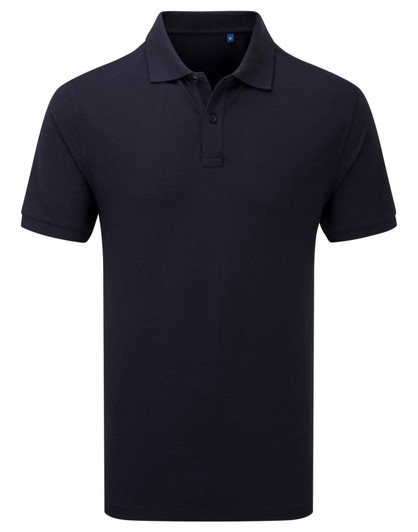 A navy polo shirt with short sleeves and a collar, featuring a small logo on the chest.