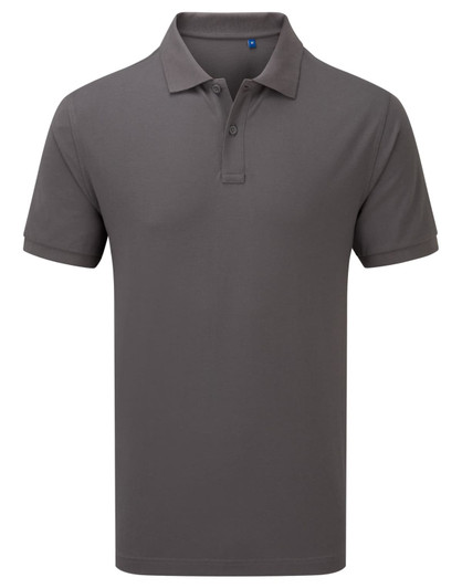 A grey polo shirt with a collared neckline and short sleeves, featuring a logo on the chest.