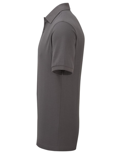 A grey work polo shirt with short sleeves and a collar, featuring a logo on the chest.