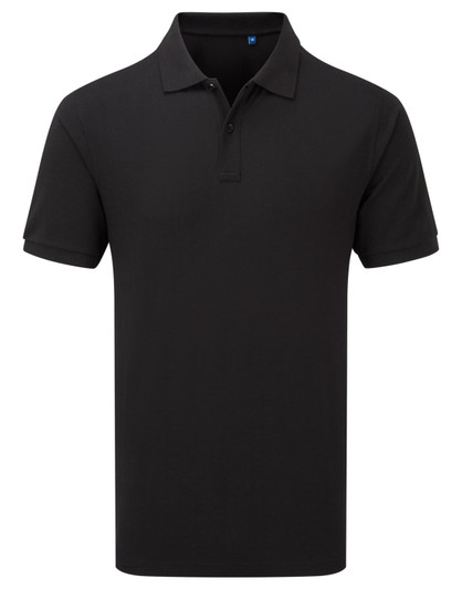 A black polo shirt with a collar and short sleeves, featuring a logo on the chest.