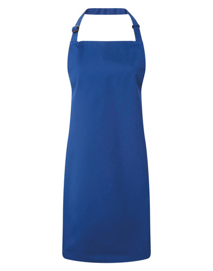 A blue antimicrobial bib apron with an adjustable neck strap and a plain design. It features a logo.