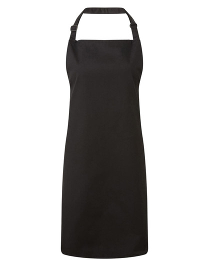 A black antimicrobial bib apron with an adjustable neck strap and a plain design. It features a logo.