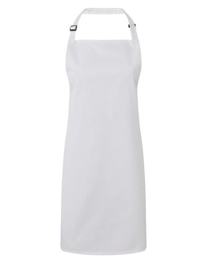 A white antimicrobial bib apron with adjustable neck strap and a branding logo.