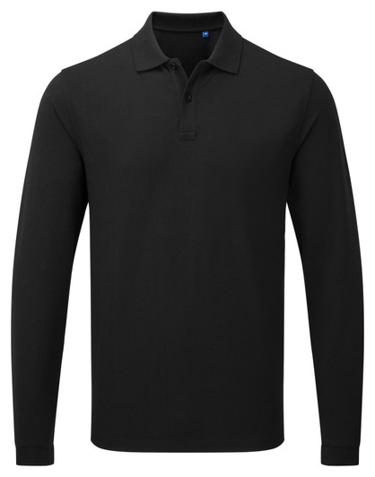 A black long-sleeve polo shirt with a collar and a logo on the chest.