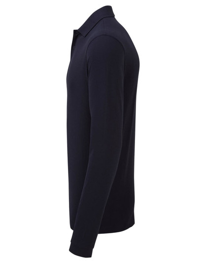 A navy blue work polo shirt with long sleeves and a collar, featuring a logo on the chest.