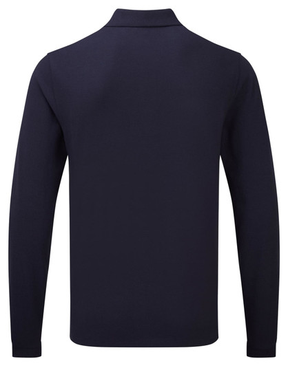 A navy polo shirt with long sleeves and a collar, featuring a logo on the back.