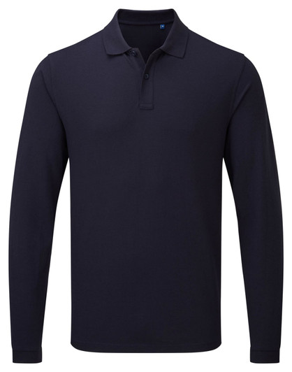 A navy long-sleeve polo shirt featuring a collar and a logo on the sleeve. Suitable for workwear.