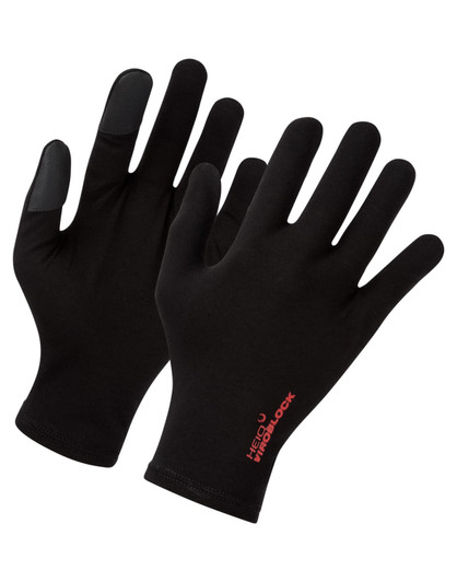 A pair of black gloves made from a smooth material with textured fingertips and a logo.