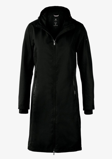 A women's rain jacket in black with a zip closure and a hood, featuring side pockets and a logo.