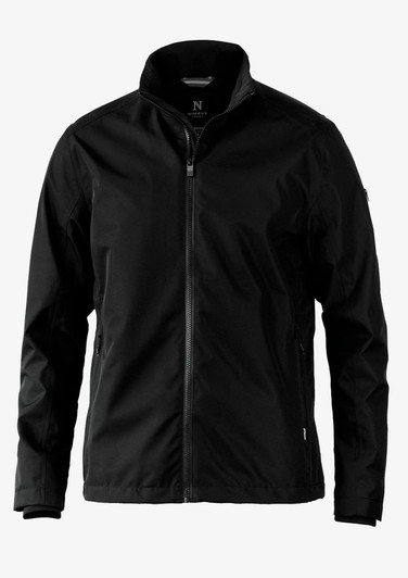 A men's jacket in black, featuring a zip front and a high collar, with a logo on the sleeve.