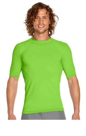 A short sleeve rashie in bright green, featuring a fitted design and a logo on the chest. Perfect for sun protection.