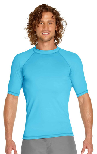 A light blue short sleeve rashie with a snug fit and raglan sleeves, featuring a logo.