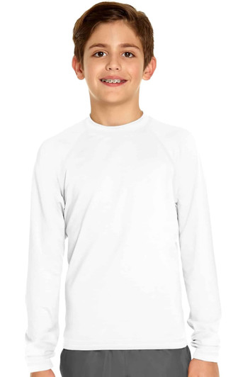 A white long sleeve rashie designed for youth, featuring UPF 50+ protection and a logo on the chest.