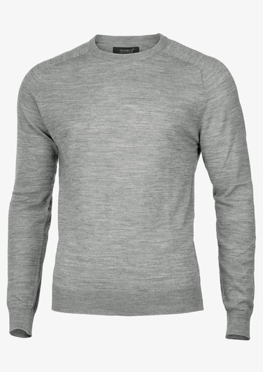 A grey knitted jumper with long sleeves and a round neckline, featuring a branded label.
