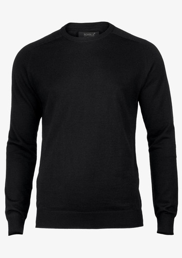A black knitted jumper with a round neckline and long sleeves. It features a brand logo on the label.