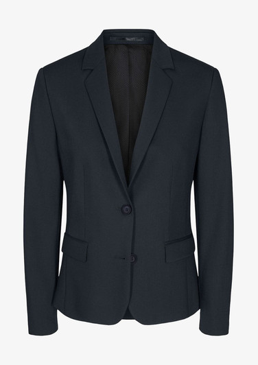 A dark navy blazer with a tailored fit, featuring a single-breasted design and two front pockets.