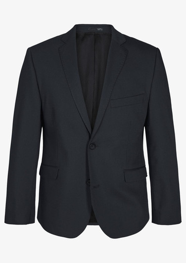 A men's blazer jacket in black, featuring a single button closure and two front pockets. It has an inner lining and a pocket.