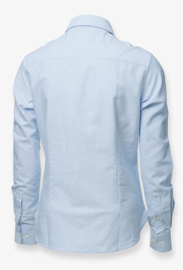 A light blue button-up shirt with long sleeves and a collar, featuring a logo on the back.