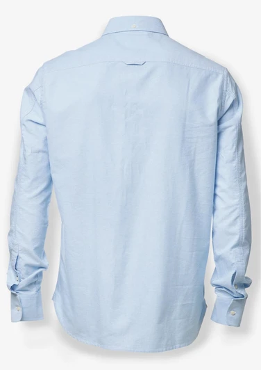 A light blue button-up shirt with long sleeves and a standard collar, featuring a logo on the back.