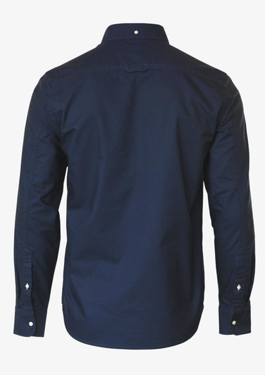 A navy blue button-up shirt with long sleeves and a collar, featuring a back view and a logo on the collar.