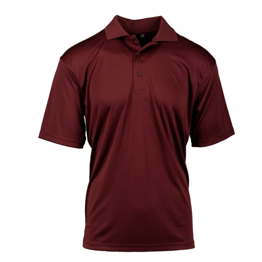 A maroon polyester sport shirt with a classic polo collar and a logo on the chest.