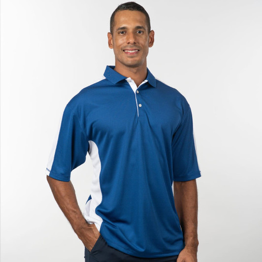 A blue and white Moisture Free Mesh Polo Shirt with a branding logo displayed on the left side.